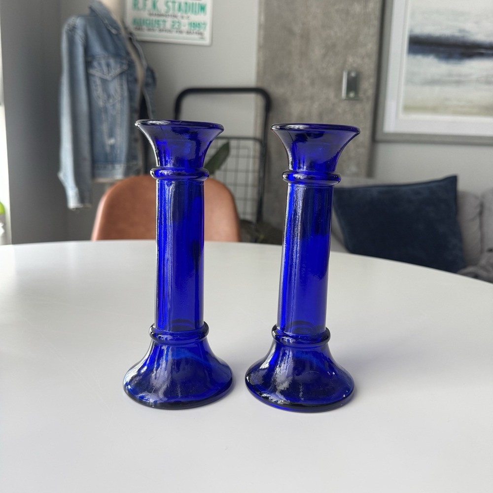 Vintage Cobalt Blue Glass Candlestick Holders Matching Pair Home Decor